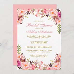 Watercolor Floral Bridal Shower Pink and Gold Invitation