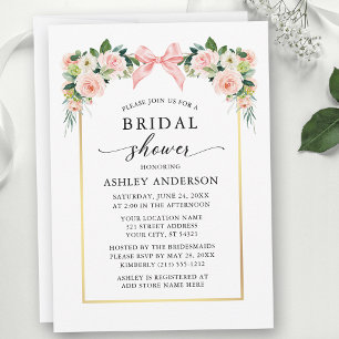 Watercolor Floral Bridal Shower Pink Bow Invitation