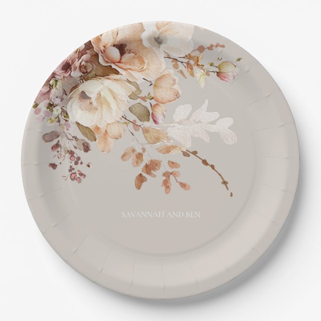 Watercolor Floral Bridal Shower Wedding Paper Plate (Front)