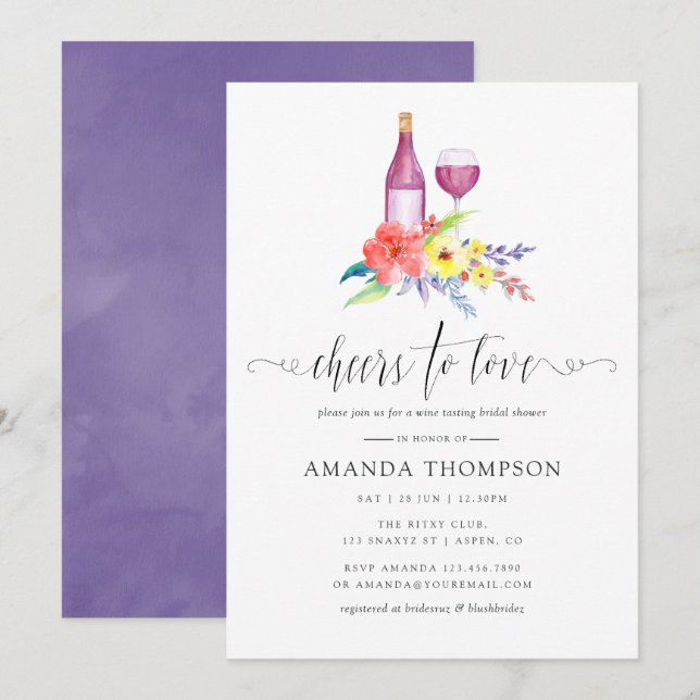 Watercolor Floral Bridal Shower Wine Tasting Invitation (Front/Back)