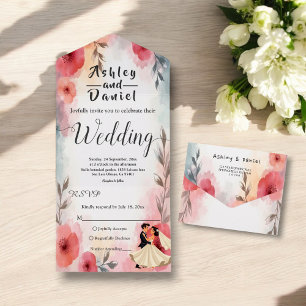 Watercolor Floral Bride And Groom Elegant Wedding All In One Invitation