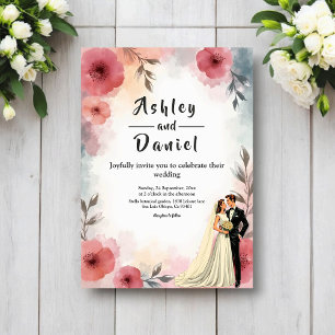 Watercolor Floral Bride And Groom Elegant Wedding Invitation