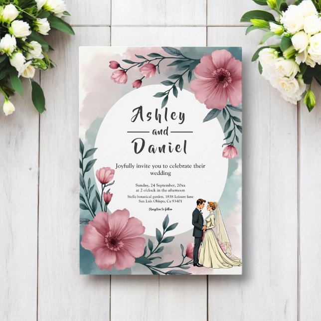 Watercolor Floral Bride And Groom Elegant Wedding Invitation (Creator Uploaded)