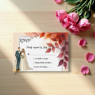Watercolor Floral Bride And Groom Fall Wedding RSVP Card