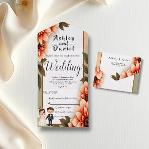 Watercolor Floral Bride And Groom Romantic Wedding All In One Invitation