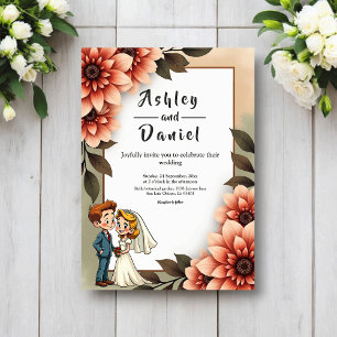 Watercolor Floral Bride And Groom Romantic Wedding Invitation