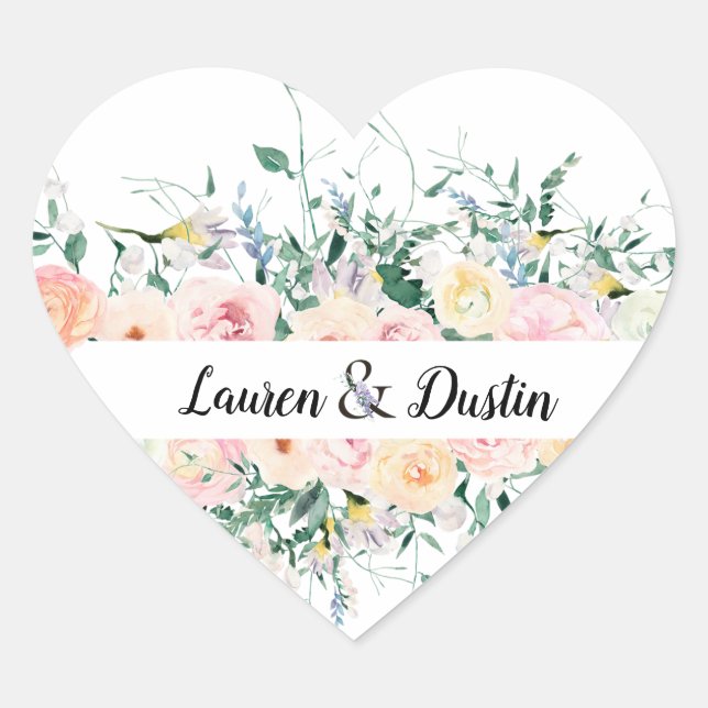 Watercolor Floral Bride Groom Wedding Heart Sticker (Front)