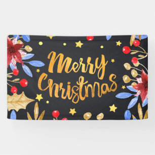 Watercolor floral bright golden Merry Christmas Banner