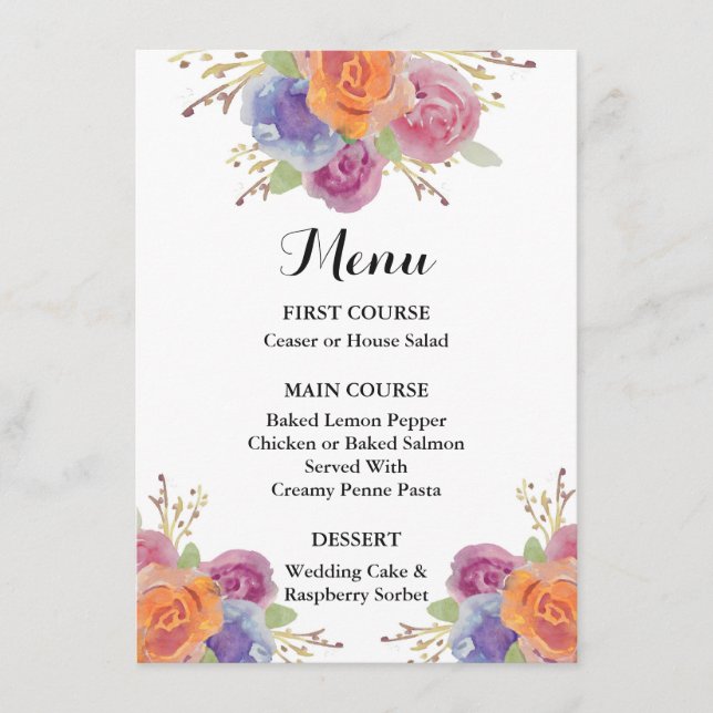 Watercolor Floral Bright Menu Card (Front)