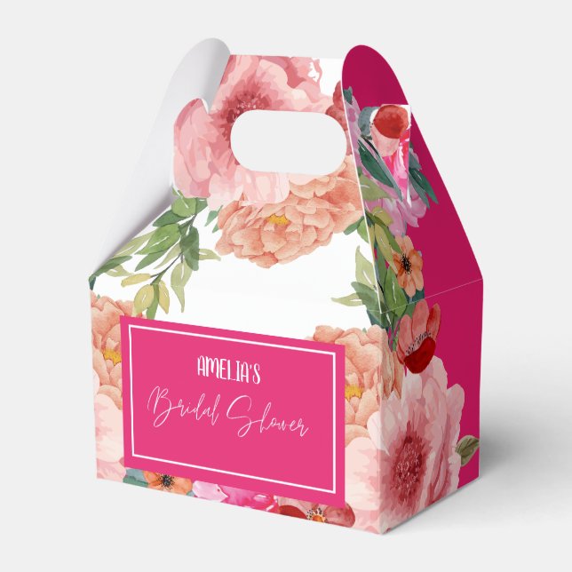 Watercolor floral bright pink bridal shower  favour box (Front Side)