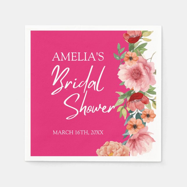 Watercolor floral bright pink bridal shower table napkin (Front)