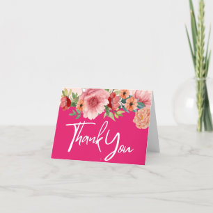 Watercolor floral bright pink bridal shower table thank you card