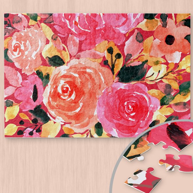 Watercolor Floral Bright Pink Summer Blooms Jigsaw Puzzle (Creator Uploaded)