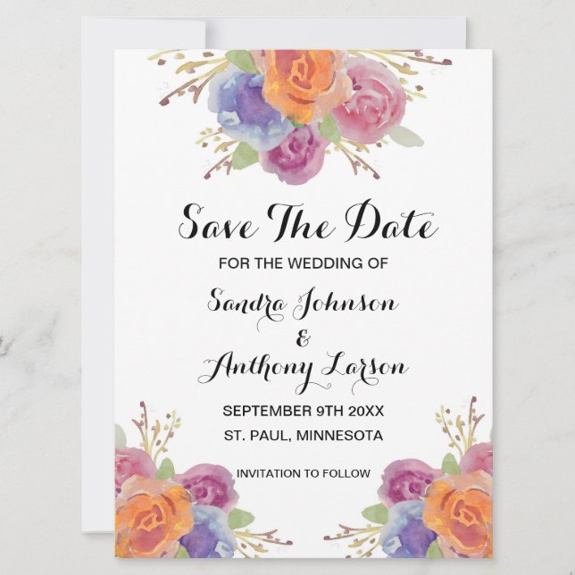 Watercolor Floral Bright Save The Date Card (Front)
