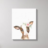 Watercolor Floral Brown Cow, Baby Animals Art
