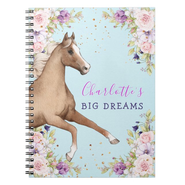 Watercolor Floral Brown Horse Spiral Notebook (Front)