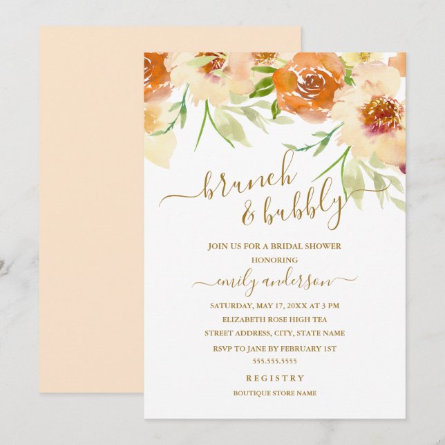 Watercolor Floral Brunch And Bubbly Bridal Shower Invitation (Front/Back)