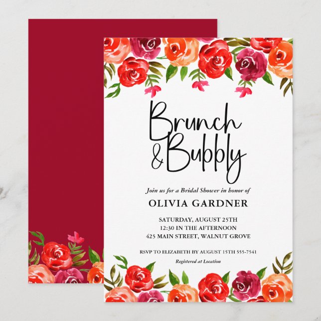 Watercolor Floral Brunch and Bubbly Bridal Shower Invitation (Front/Back)