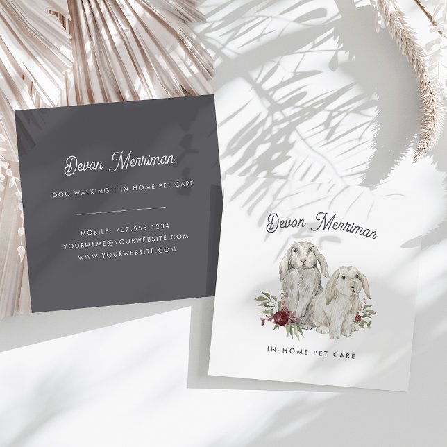 Watercolor Floral Bunnies | Pet Care Square Business Card (Creator Uploaded)