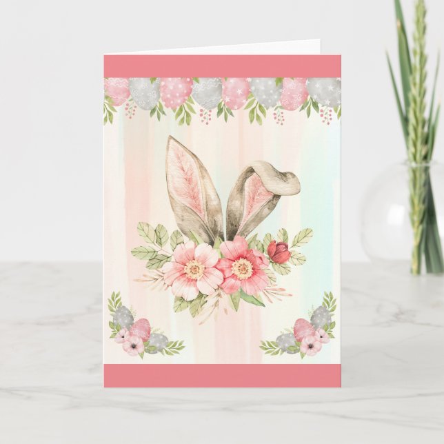 Watercolor Floral Bunny Ears Greeting Card (Front)
