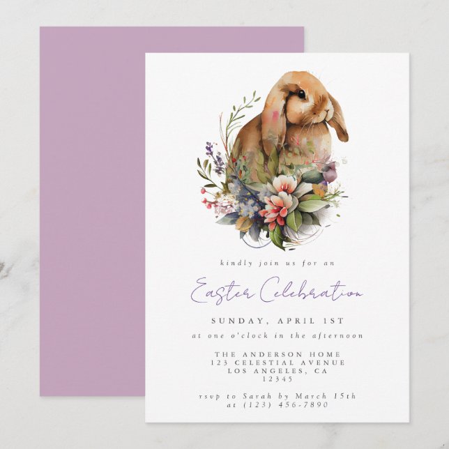 Watercolor Floral Bunny Easter Invitation (Front/Back)