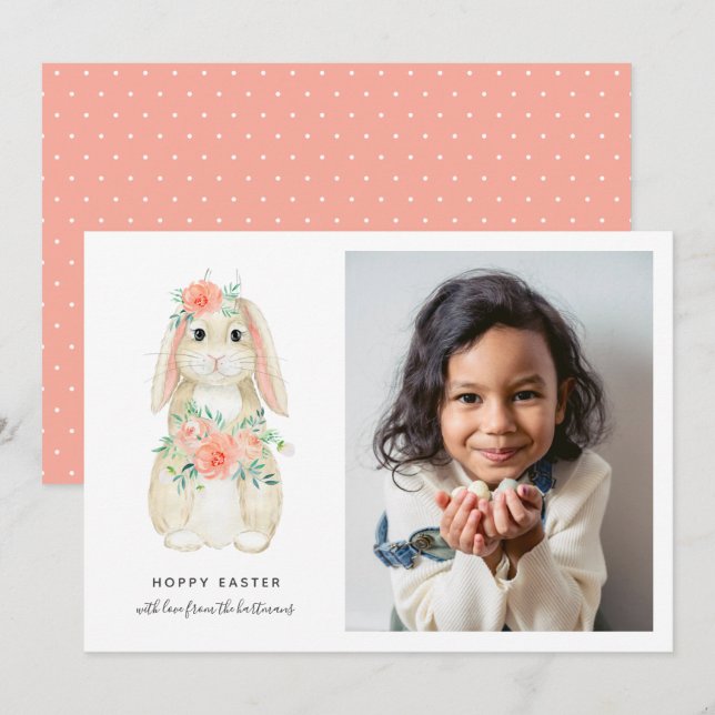Watercolor Floral Bunny Hoppy Easter Photo Holiday Card (Front/Back)