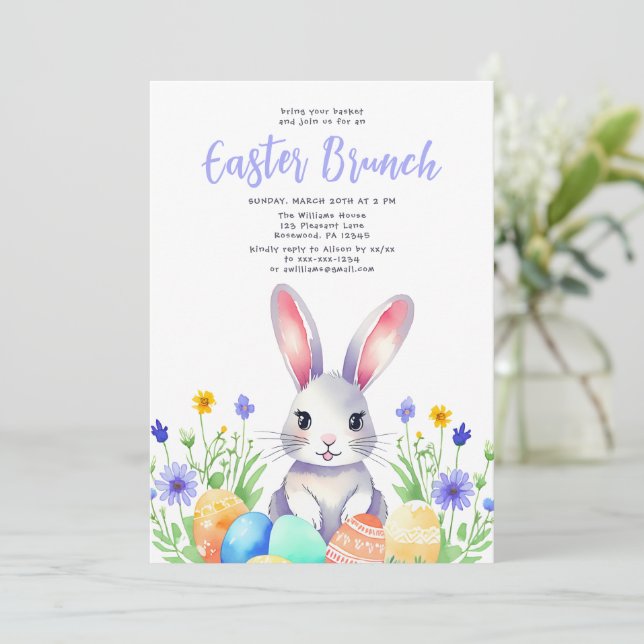 Watercolor Floral Bunny Rabbit Easter Brunch Holiday Card (Standing Front)