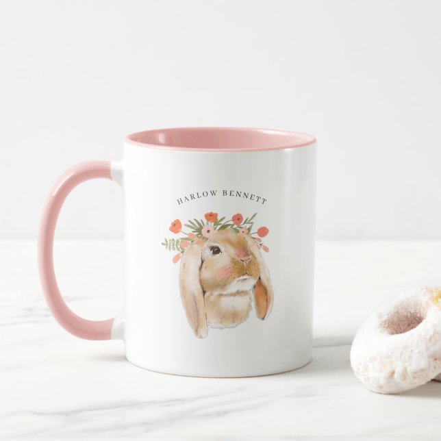 Watercolor Floral Bunny Rabbit | Name Monogram Mug (With Donut)