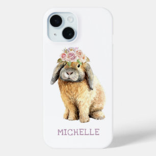 Watercolor Floral Bunny Rabbit Personalised Name iPhone 15 Case