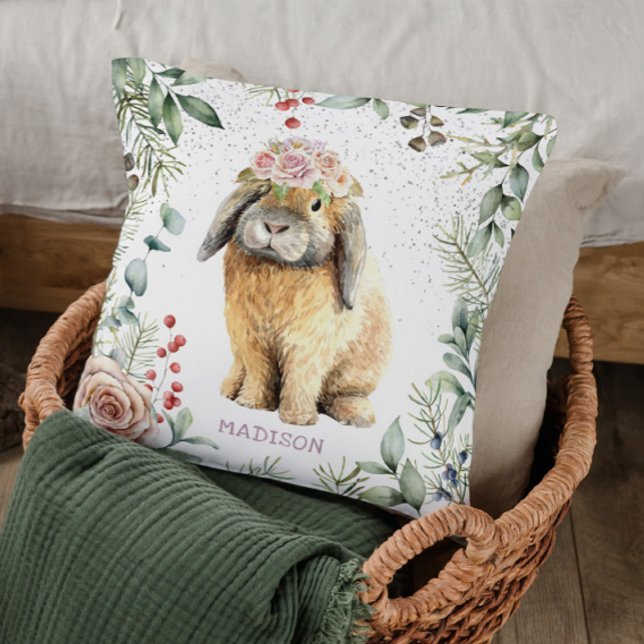 Watercolor Floral Bunny Rabbit Personalised Name Cushion (Creator Uploaded)