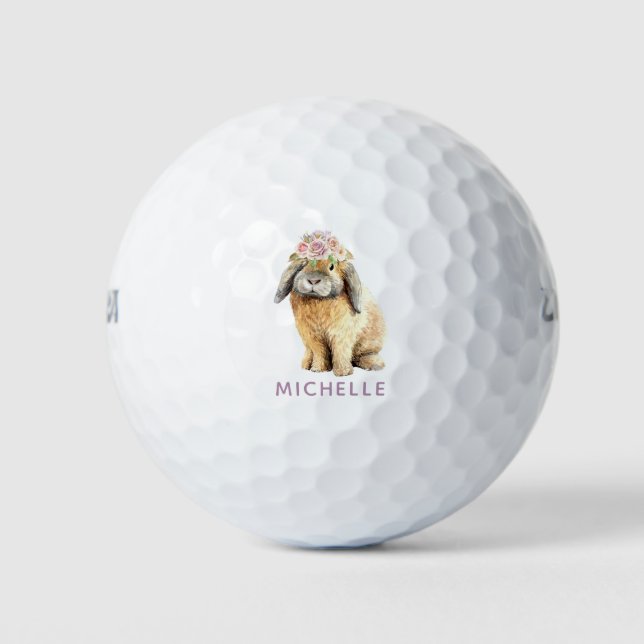 Watercolor Floral Bunny Rabbit Personalised Name Golf Balls (Front)