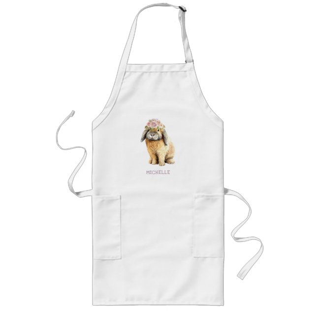Watercolor Floral Bunny Rabbit Personalised Name Long Apron (Front)