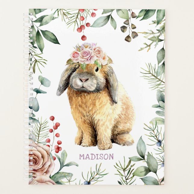 Watercolor Floral Bunny Rabbit Personalised Name Planner (Front)