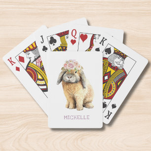 Watercolor Floral Bunny Rabbit Personalised Name Playing Cards