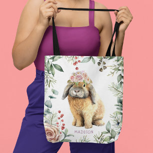 Watercolor Floral Bunny Rabbit Personalised Name Tote Bag
