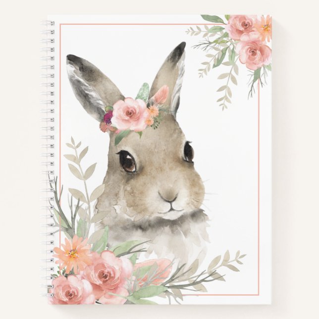 Watercolor Floral Bunny Rabbit Woodland Animal Notebook (Front)