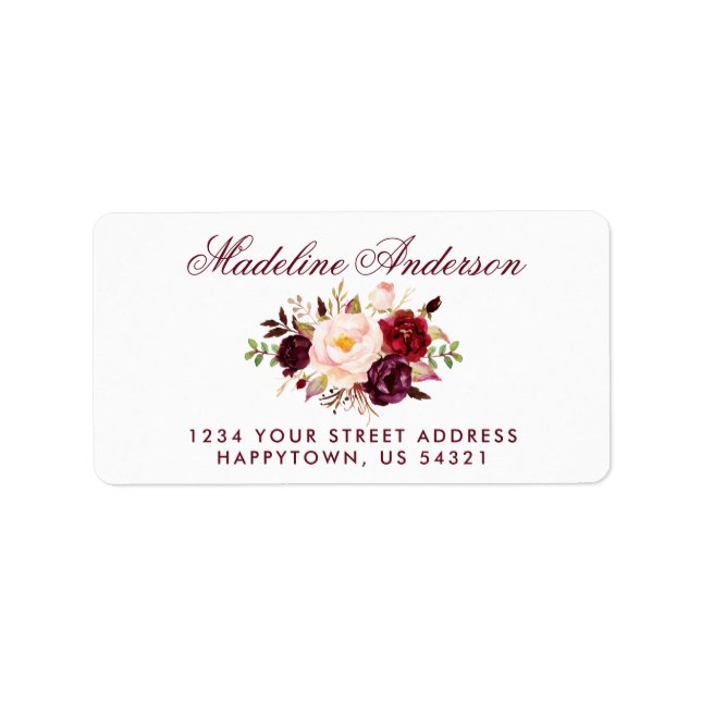 Watercolor Floral Burgundy Address Label (Front)