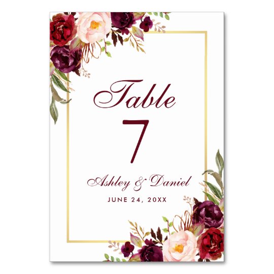 Watercolor Floral Burgundy And Gold Wedding Table Number Zazzle Co Uk
