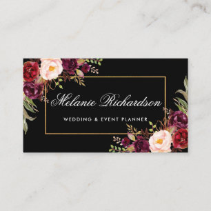 Watercolor Floral Burgundy Black Gold Business Card