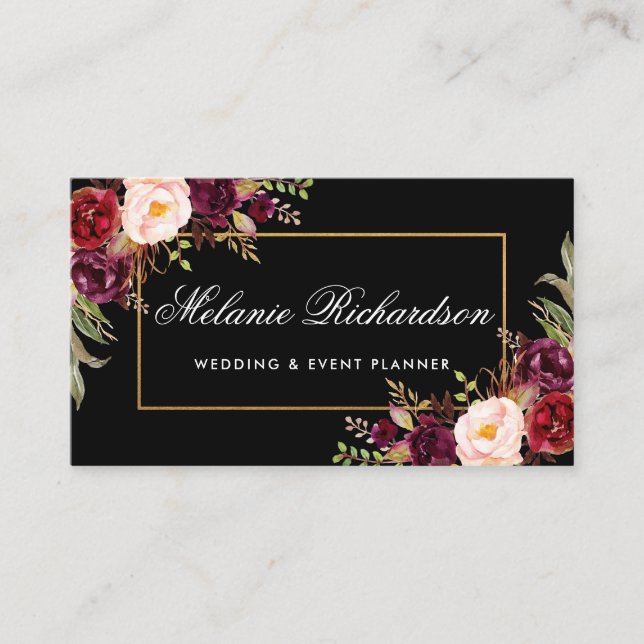Watercolor Floral Burgundy Black Gold Business Card (Front)