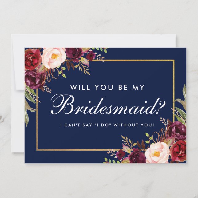 Watercolor Floral Burgundy Blue Bridesmaid Invitation (Front)