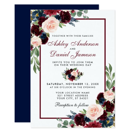 Image of Watercolor Floral Burgundy Blue Elegant Wedding Invitation