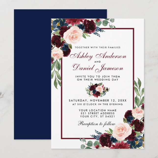 Watercolor Floral Burgundy Blue Elegant Wedding Invitation (Front/Back)