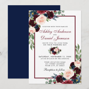 Watercolor Floral Burgundy Blue Elegant Wedding Invitation
