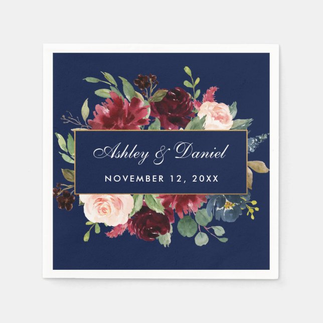 Watercolor Floral Burgundy Blue Gold Wedding Napkin (Front)