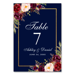 Watercolor Floral Burgundy Blue Gold Wedding Table Number