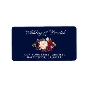Watercolor Floral Burgundy Blue Wedding Address Label