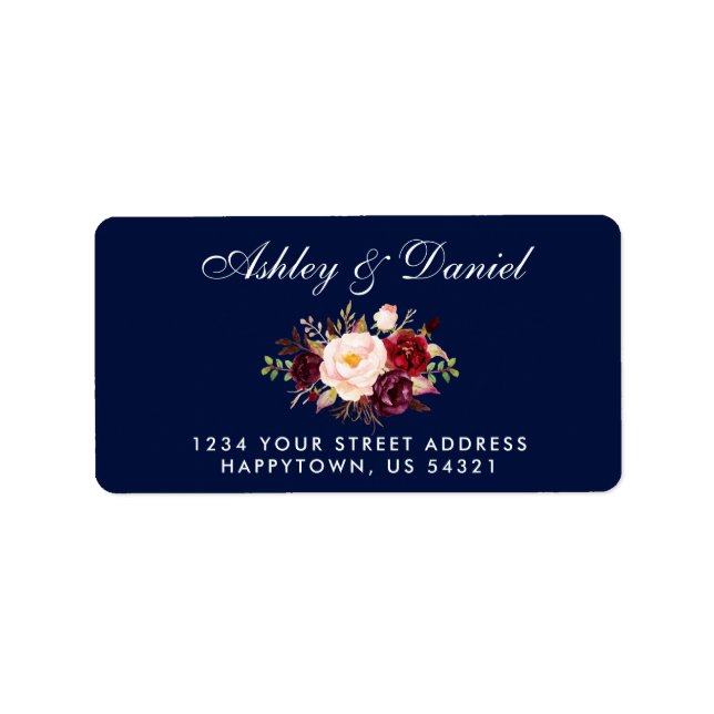 Watercolor Floral Burgundy Blue Wedding Address Label (Front)