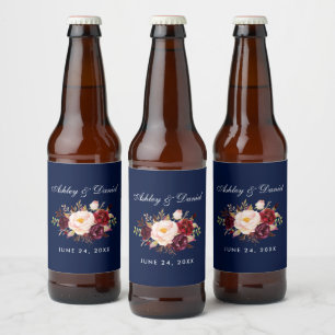 Watercolor Floral Burgundy Blue Wedding Beer Bottle Label