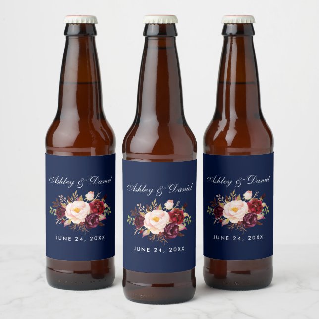 Watercolor Floral Burgundy Blue Wedding Beer Bottle Label (Bottles)